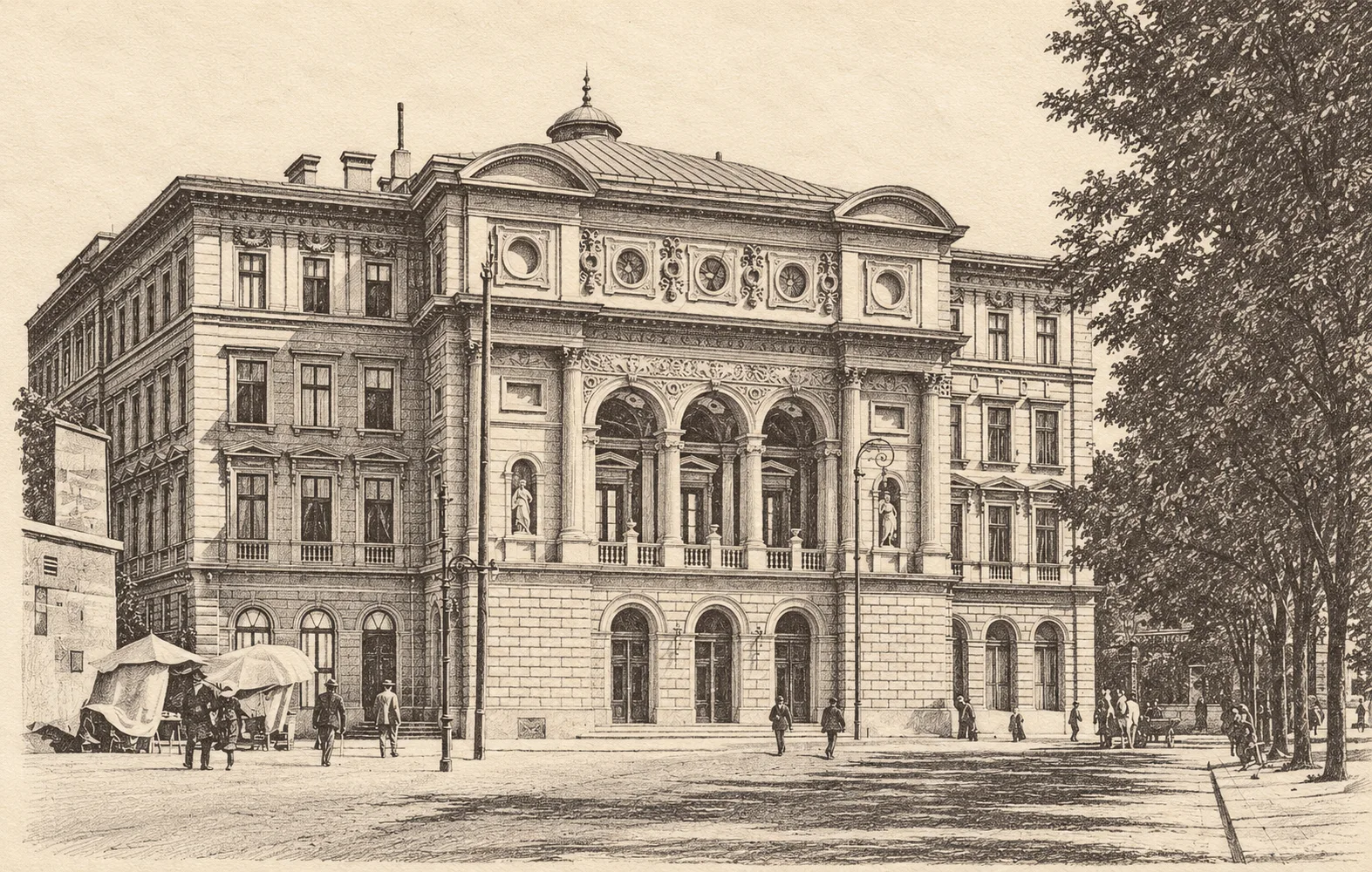 Contemporary drawing after a postcard of the old theatre